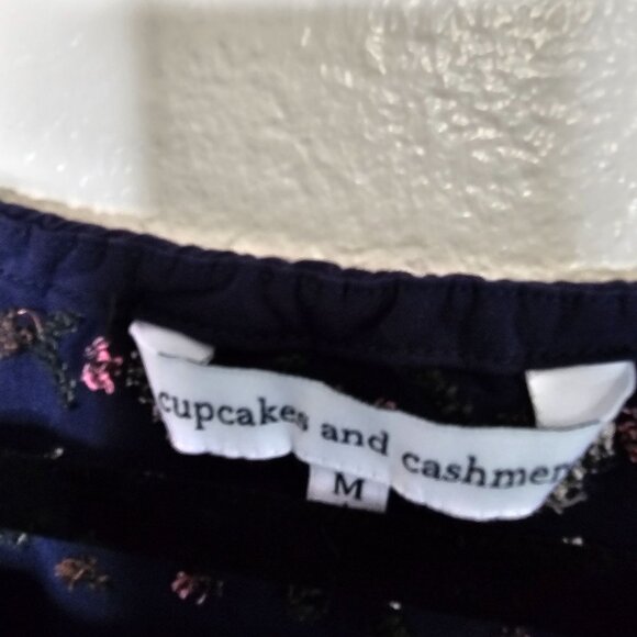 Cupcakes And Cashmere M Mini Dress Navy Blue Floral Embroidered Boho Peasant - Picture 4 of 6